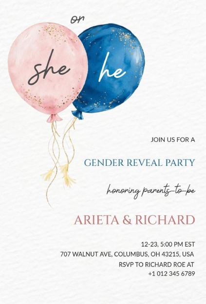 He or She Gender Reveal Invitation with pink and blue balloons