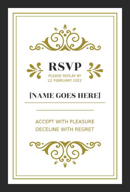 Classic Gold Ornate Rsvp invitation template with vintage flourishes and formal