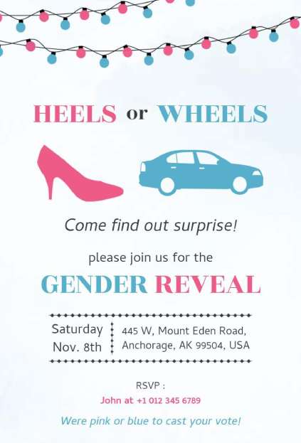 Pink and blue gender reveal surprise party invitation template with icons