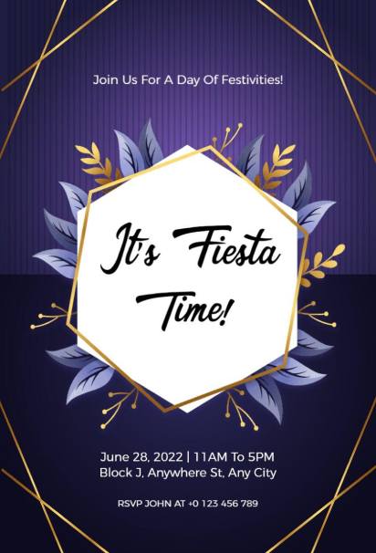 Elegant blue and gold floral fiesta invitation with hexagon frame for a day of festivities