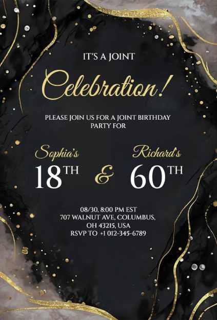 black and gold birthday invitation for joint milestone ages
