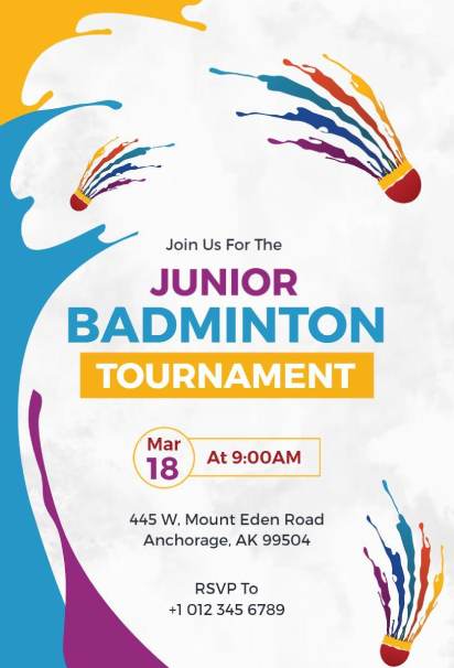 Junior badminton sports invitation template with colorful shuttlecock graphics