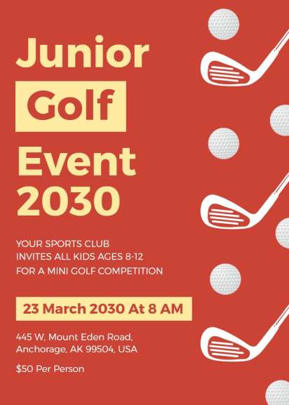 Junior golf sports invitation template with red background and golf illustrations.