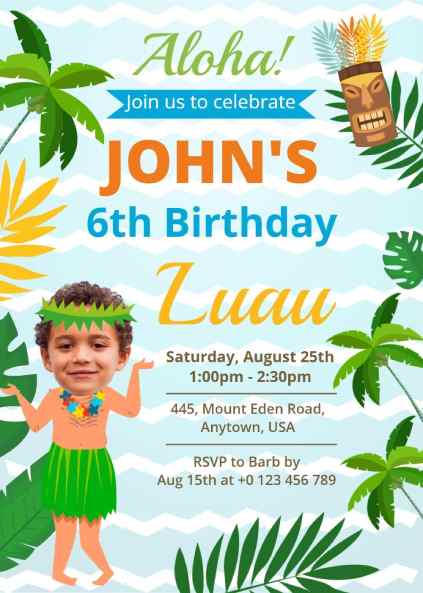 Fun luau-themed kids’ birthday invitation with palm leaves and tiki mask