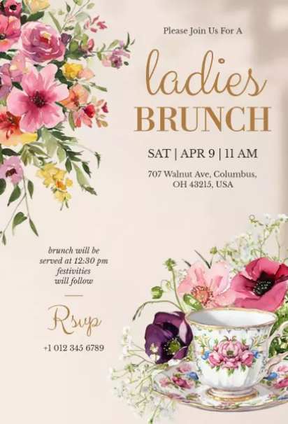 spring brunch invitation template with teacup details for ladies’ brunch