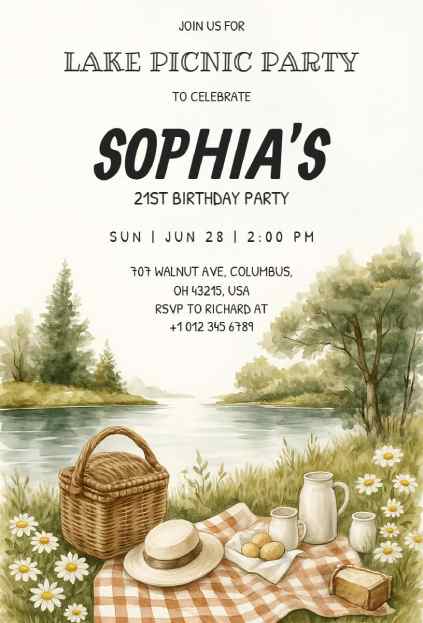 Elegant lake-side picnic invitation template with basket and nature scenery