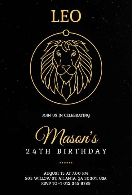 black and gold birthday invitation with Leo zodiac lion design