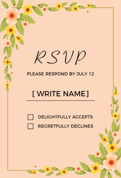 Peach Floral Border Rsvp invitation template with yellow flowers and elegant checkboxes