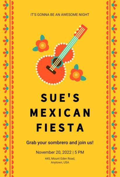 Vibrant Mexican Fiesta invitation template featuring guitar and floral borders