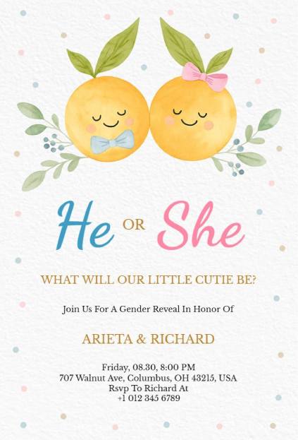 Adorable orange-themed gender reveal invitation with “He or She” text and pastel accents