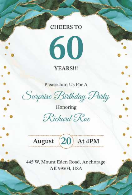 Elegant teal and gold 60th birthday surprise party invitation template