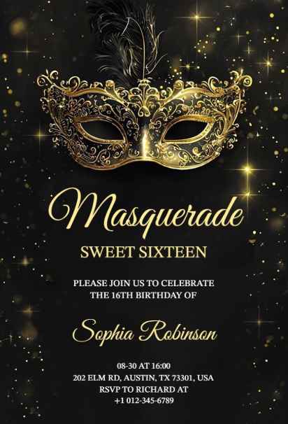 black and gold birthday invitation with ornate masquerade mask