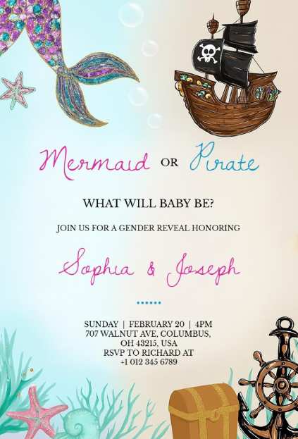 Ocean-inspired gender reveal invitation with mermaid and pirate elements