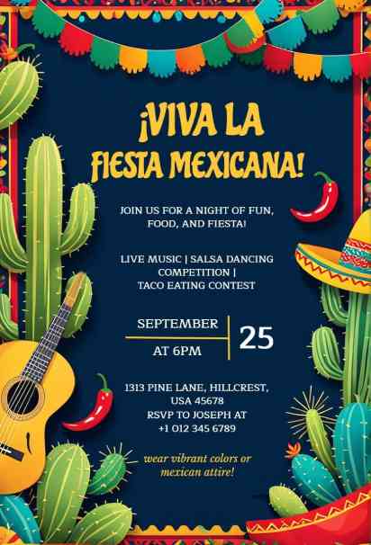 Bold Mexican fiesta party night invitation template with sombrero, cactus, and guitar elements