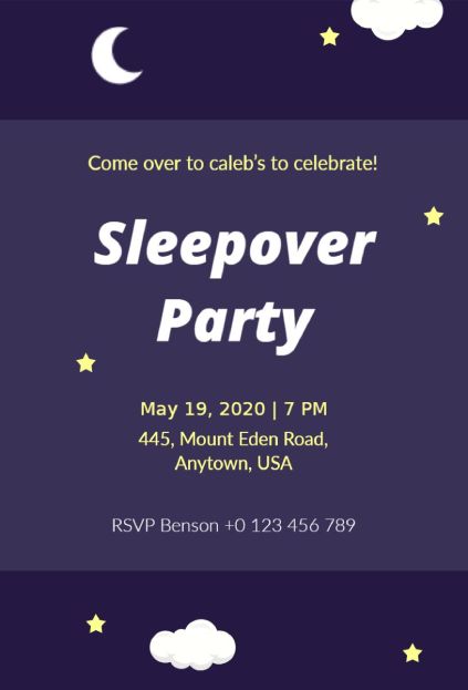 midnight moon sleepover invitation template with cozy night sky and crescent moon