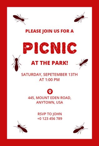 Red-themed picnic invitation template with ant graphics for a playful look