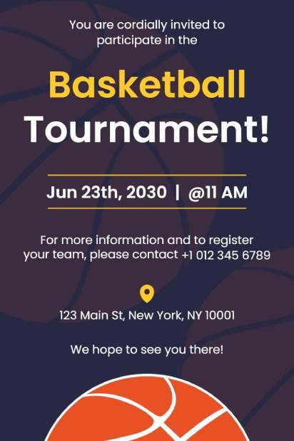 Minimalist basketball sports invitation template with navy background and yellow/white text