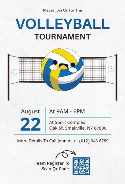 Minimalist volleyball sports invitation template with colorful ball on grey background.