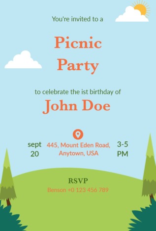 Cute birthday picnic invitation template with trees, sun, and a simple outdoor scene