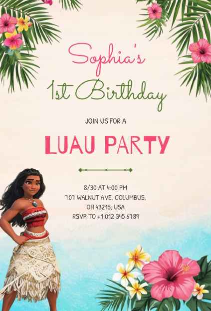 Cute Moana-inspired luau party invitation with tropical flowers