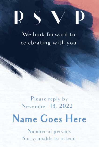Modern brush stroke RSVP invitation template in navy and coral