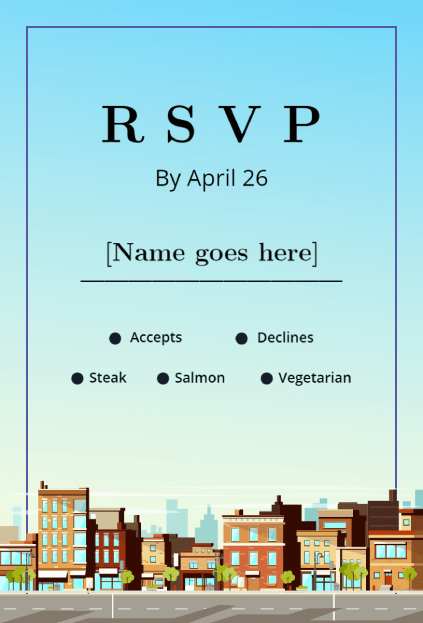 City Skyline Menu Choice Rsvp invitation template with illustrated buildings and entrée selections