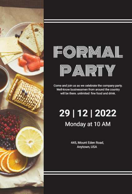 Modern formal invitation template featuring food elements and bold text