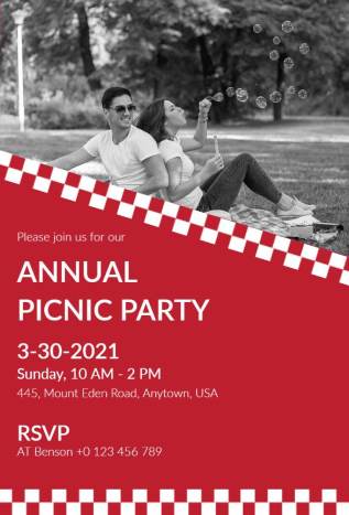 Modern red picnic invitation template with a couple relaxing outdoors