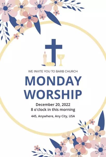 Monday Worship Service blush pink navy floral church invitation template