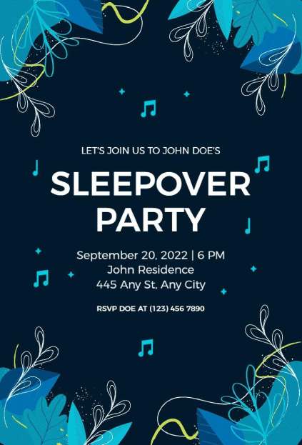 music & dance sleepover invitation template with musical notes and energetic blue floral accents