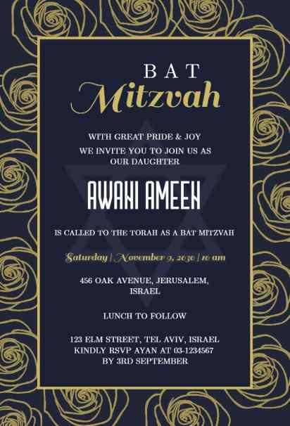 Luxurious navy and gold Bar Mitzvah invitation template with roses