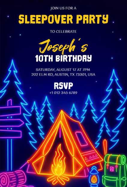 neon camping sleepover invitation template with glowing tent, campfire, and 10th birthday theme