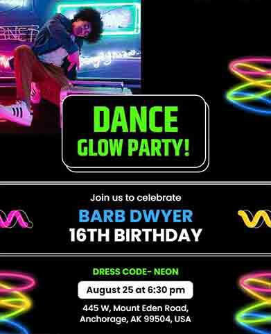 Dance-themed glow party invitation with neon lights and dancer image