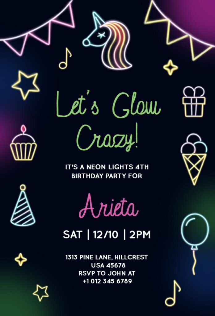 Neon glow party invitation with colorful glowing icons, birthday details, and a dark background