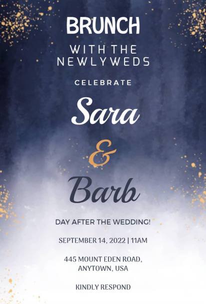 Newlywed celebration brunch invitation template with twilight sky and golden sparkles