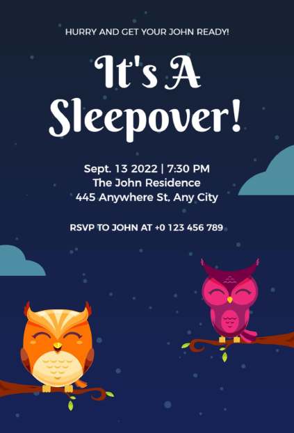 night owl sleepover invitation template with cute colorful owls under midnight sky