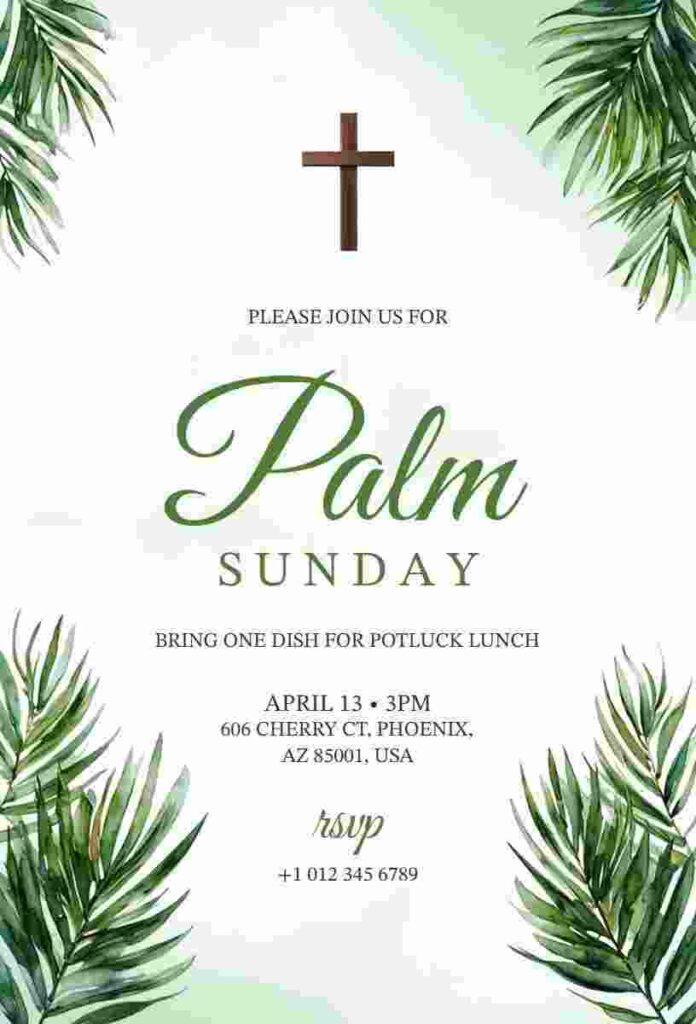 Palm Sunday Potluck watercolor palm fronds church invitation template
