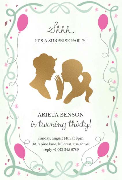 Pastel balloon and silhouette surprise party invitation template with soft borders
