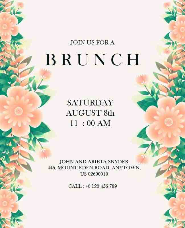 Peach floral brunch invitation template with cream background and coral blooms.