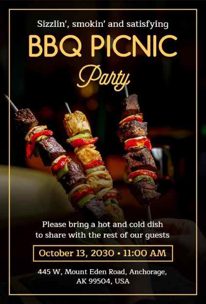 BBQ picnic invitation template featuring grilled skewers on a dark background