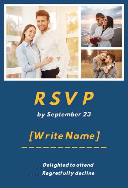 Photo collage RSVP invitation template featuring couple images and bold text