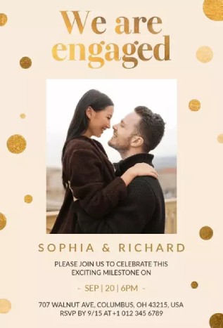 Personalized photo engagement invitation template with gold polka dots