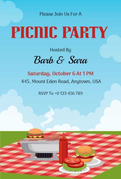 Picnic party invitation template with a grill, burgers, and outdoor scene