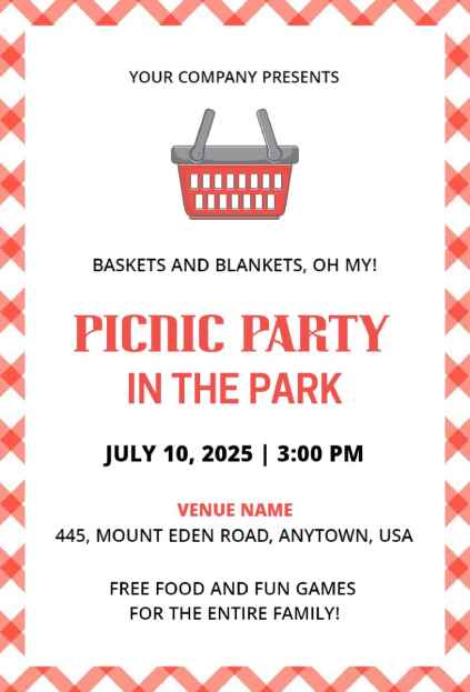 A classic gingham-border picnic invitation template design for a park party