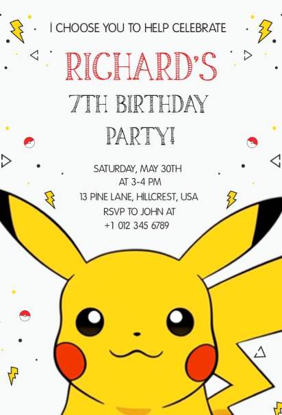 Lightning strike Pokemon birthday invitation template with Pikachu centerpiece