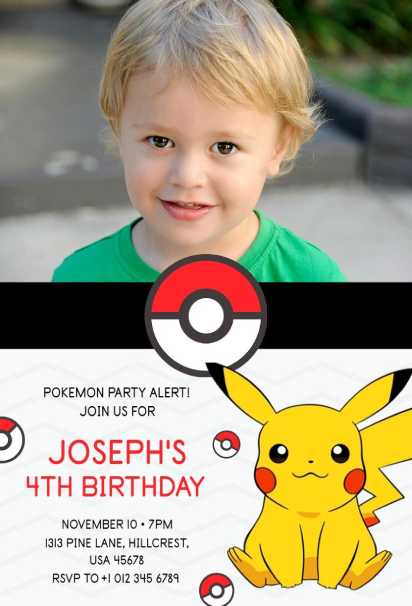 Simple photo Pokemon birthday invitation template with Pikachu mascot