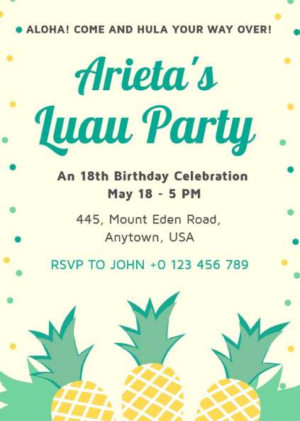 Tropical luau birthday invitation with pineapples and pastel design