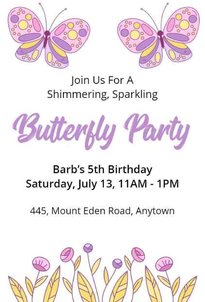 Pink butterfly formal invitation template for kids’ parties