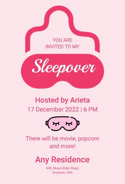 pink sleep mask sleepover invitation template with blush tones and pamper night theme