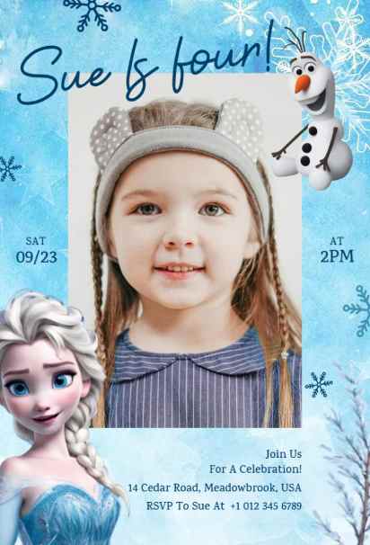 Fun Frozen birthday invitation template with whimsical snowflakes and happy characters